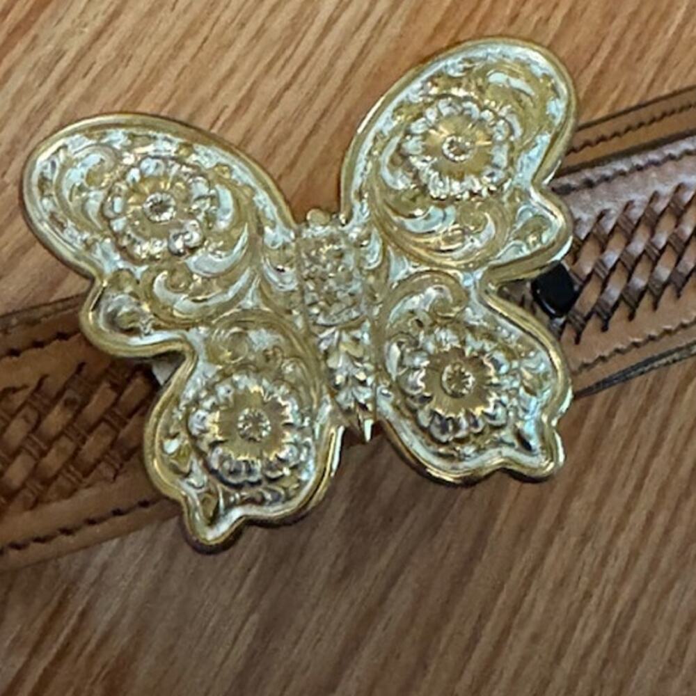 Crumrine Vintage Butterfly Heavy Silver Plated Bronze Buckle Leather Belt 28